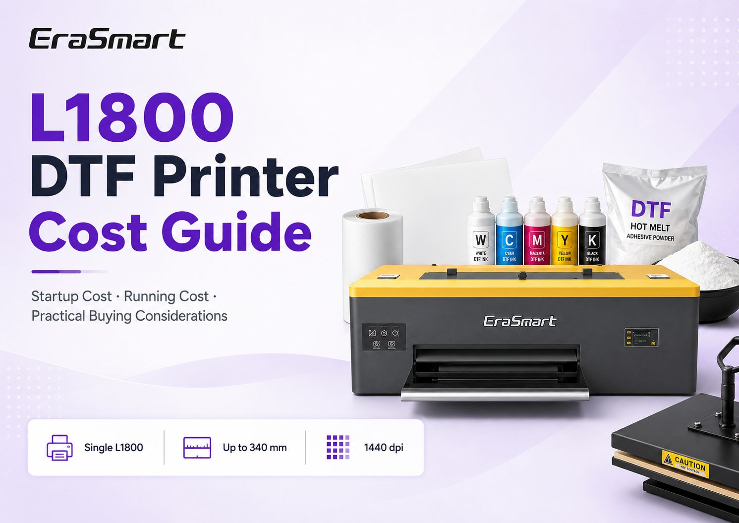 L1800 DTF printer cost guide with EraSmart printer, ink, PET film, powder and heat press