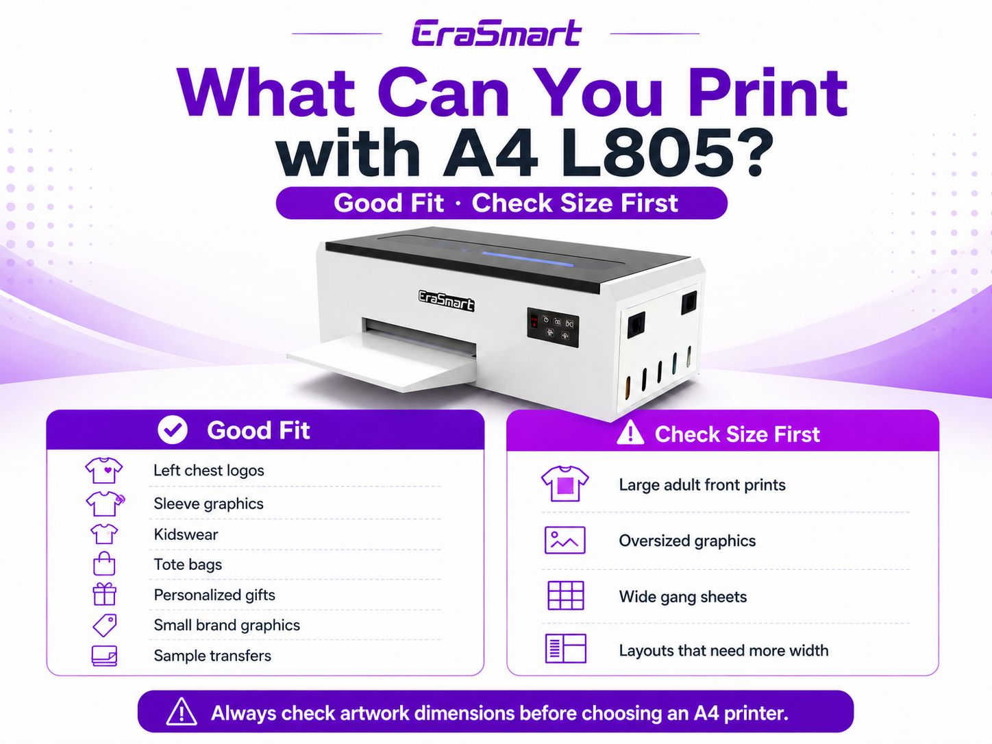 What can you print with an A4 L805 DTF printer including logos sleeves kidswear and larger design limitations