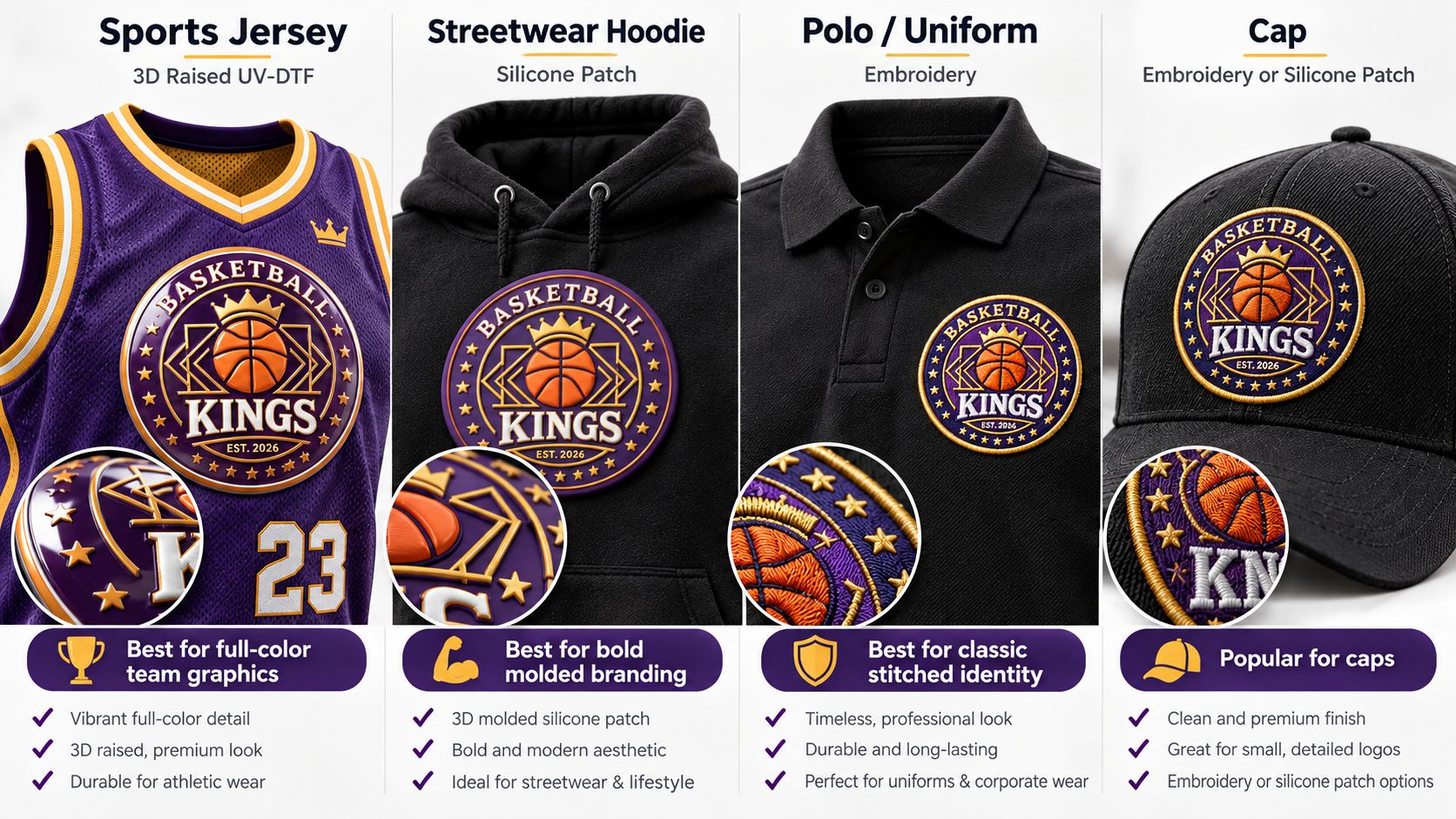 Apparel application comparison for 3D UV-DTF silicone and embroidery