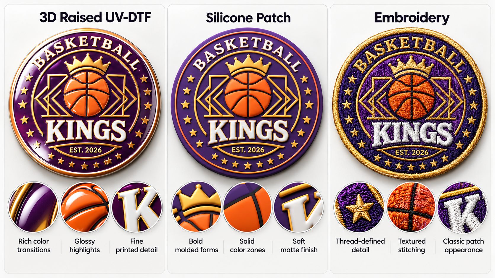 Color and detail comparison for raised UV-DTF silicone and embroidery