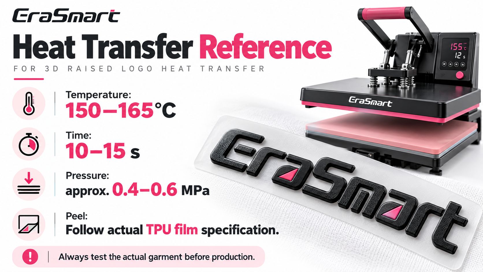 3D raised logo heat press temperature time and pressure reference