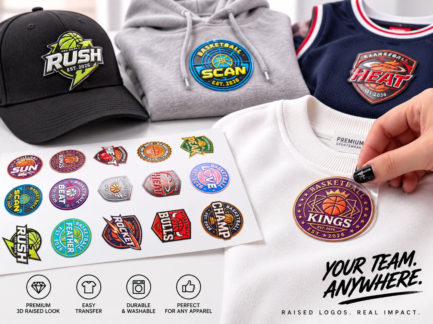 Heat transferring flexible 3D raised logo onto apparel