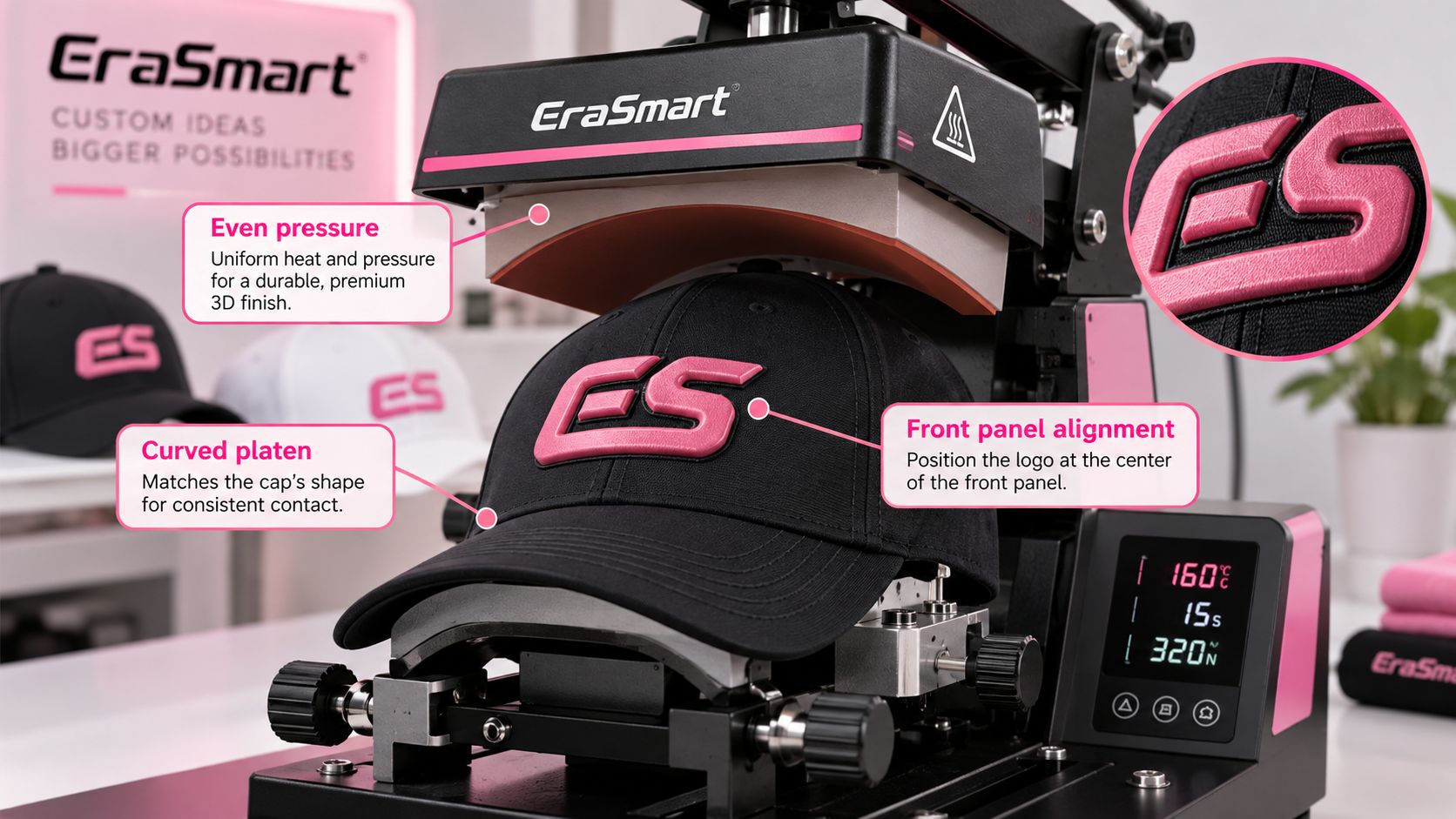 3D raised logo heat transfer on a cap using a curved platen