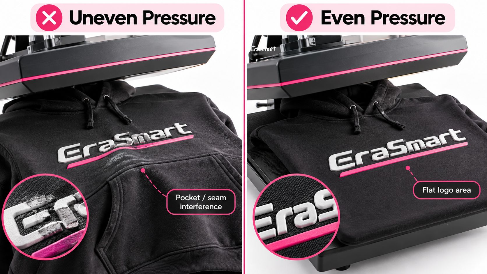Uneven versus even heat press pressure on a hoodie