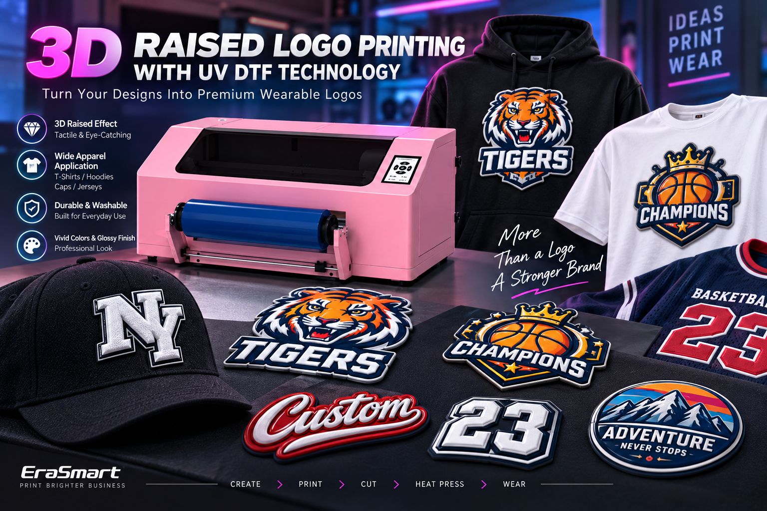 Multiple white ink layers building the height of a 3D raised logo