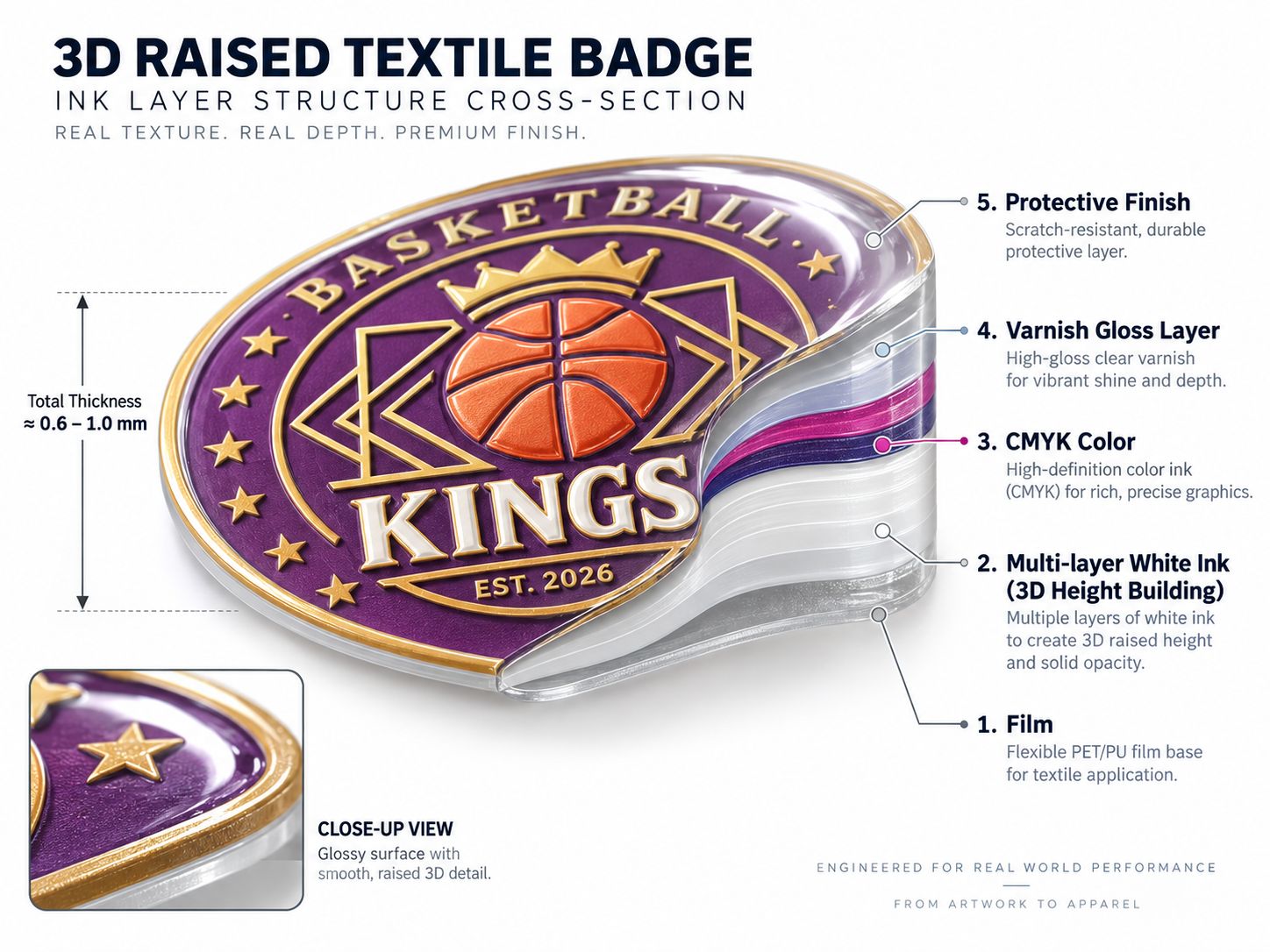 High-build flexible white ink CMYK varnish and TPU film structure for 3D raised logos