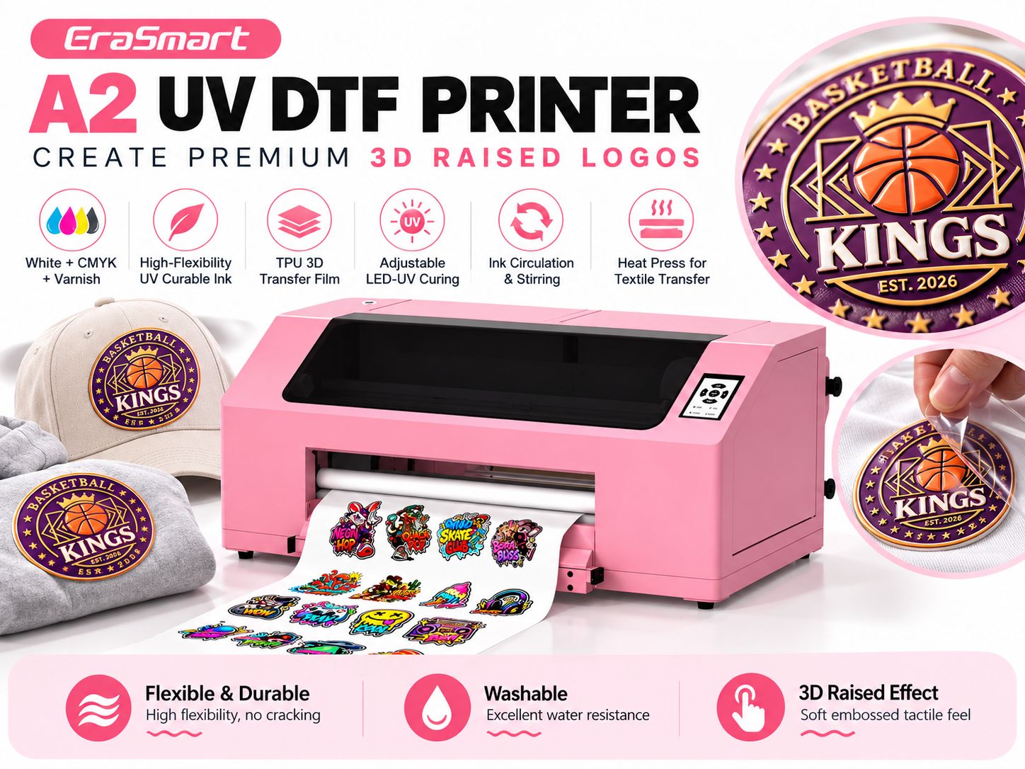 Official EraSmart A2 UV DTF Printer for 3D raised logo printing
