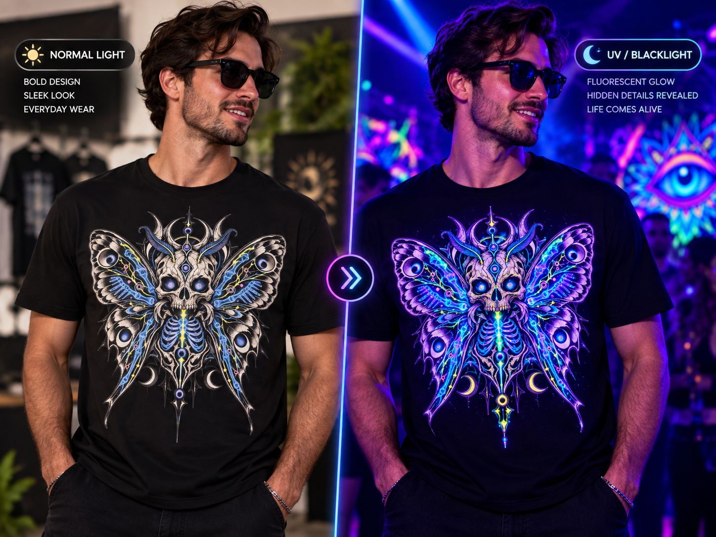 通常光および UV ブラックライトでの蛍光 DTF T シャツ