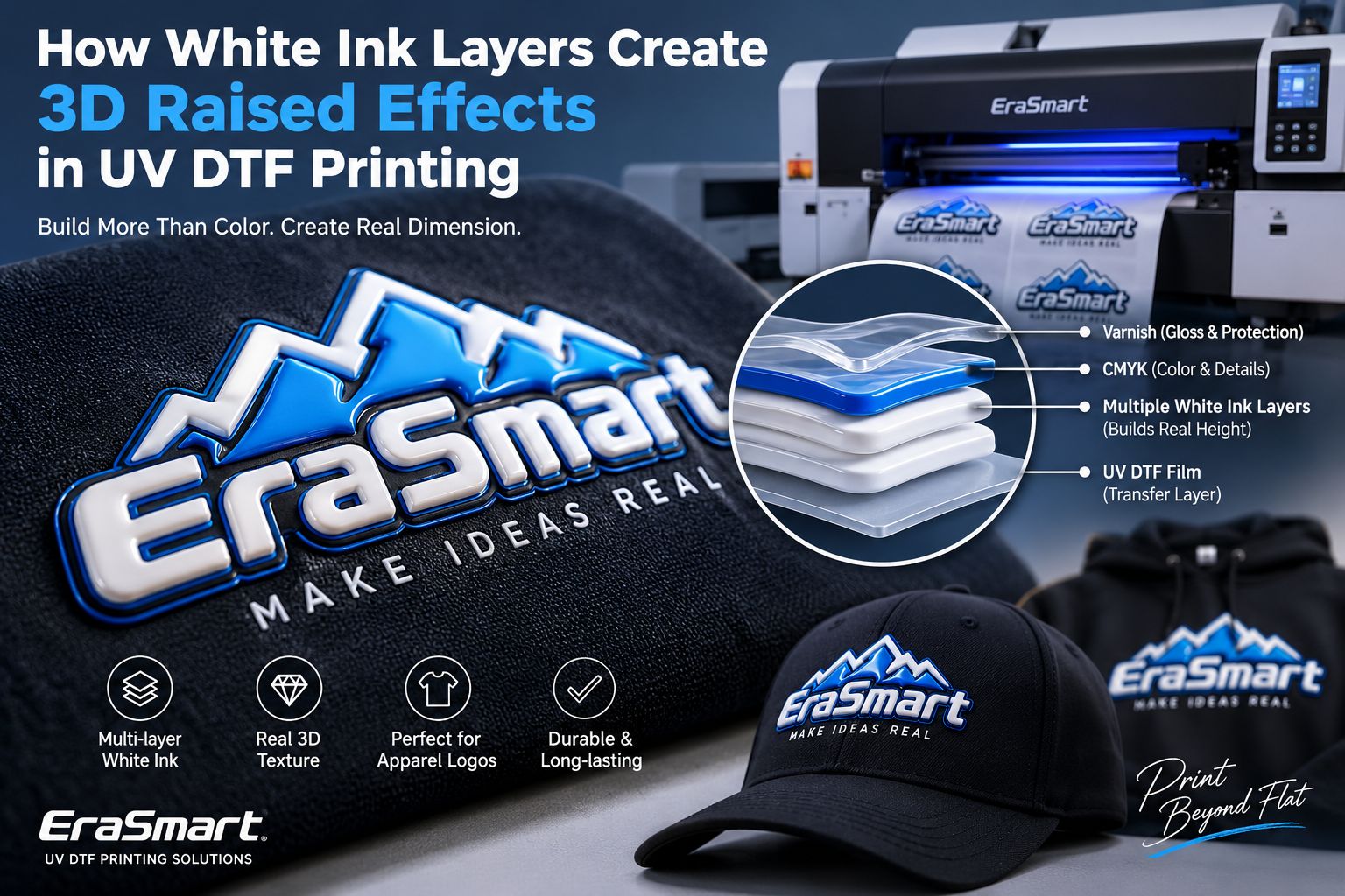 Multiple white ink layers building physical height in UV DTF printing