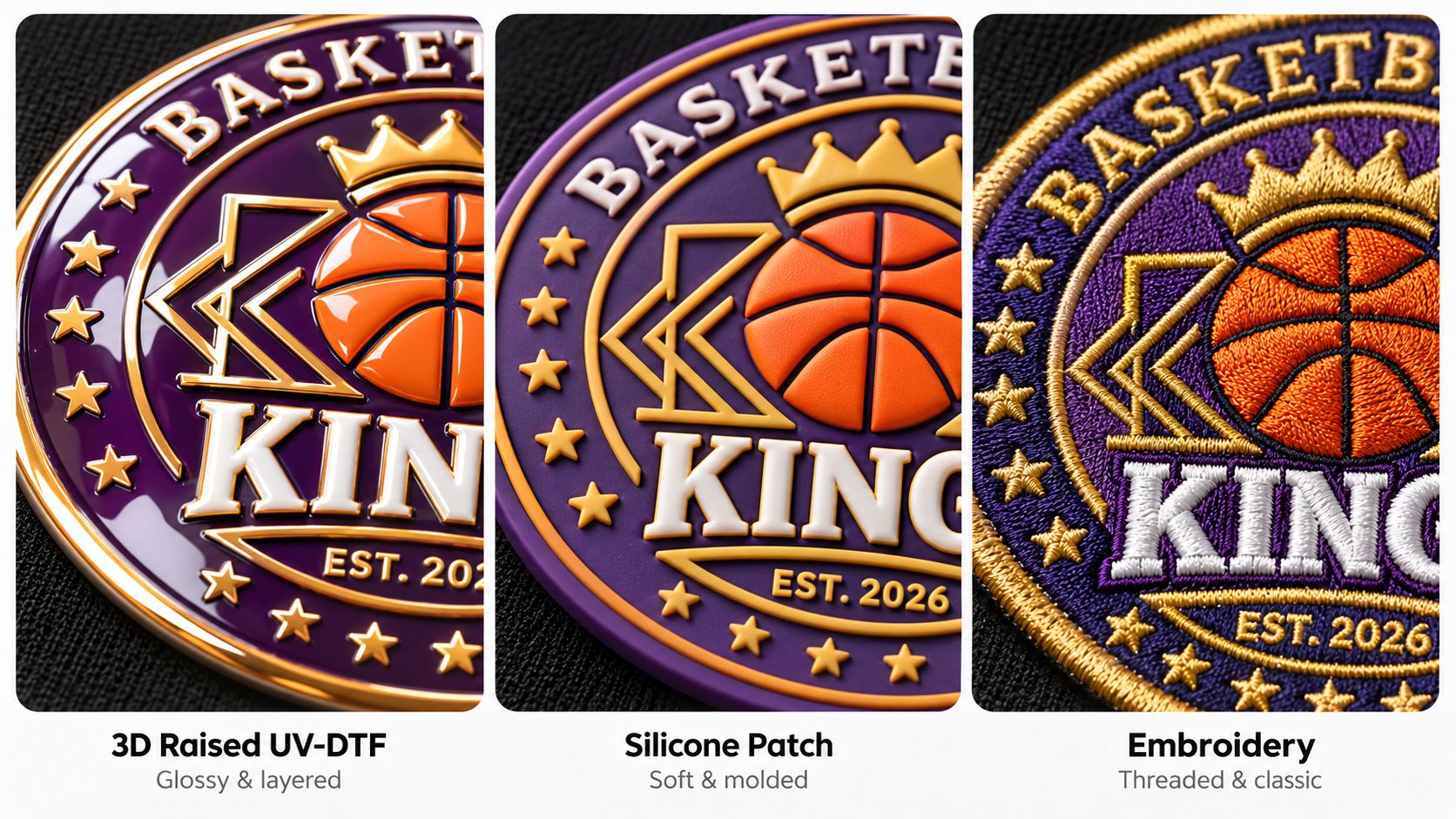 Surface texture comparison of 3D UV-DTF silicone patch and embroidery