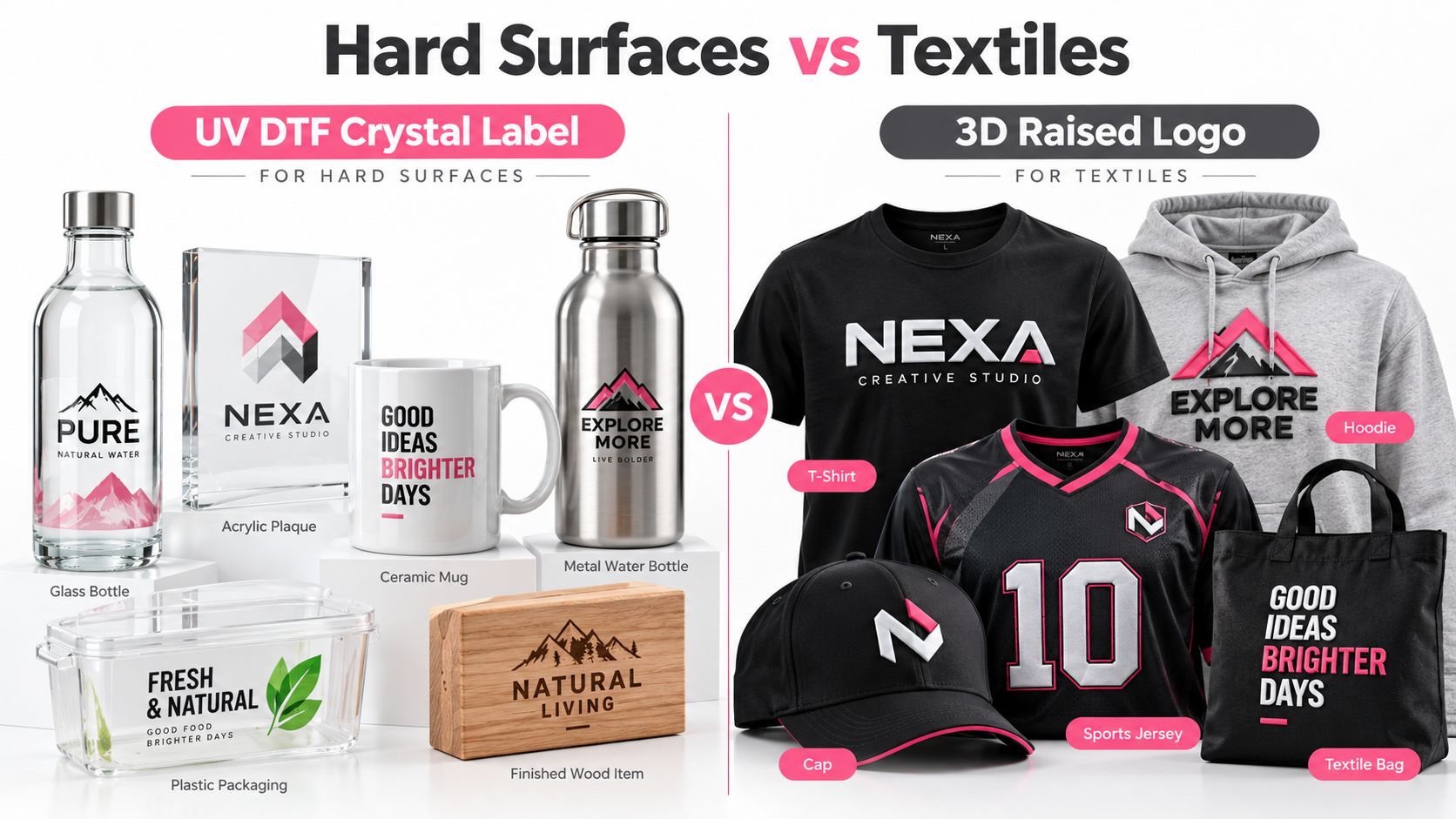 UV DTF hard surfaces versus 3D raised logo textile applications