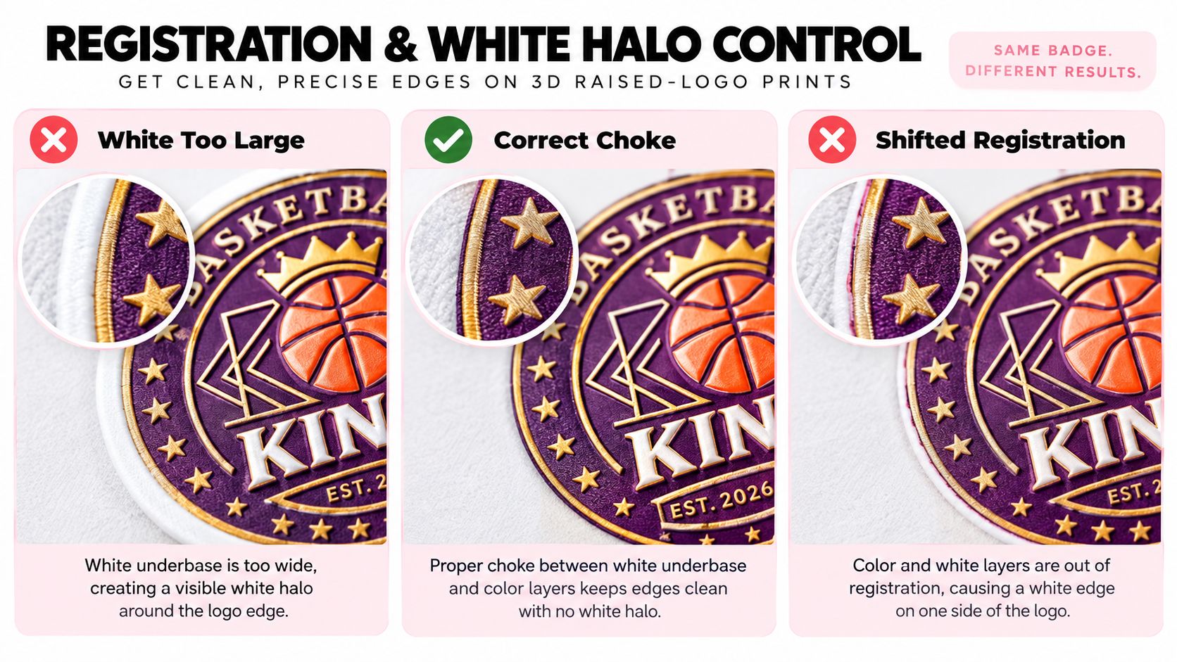 White halo and registration troubleshooting for 3D raised logos