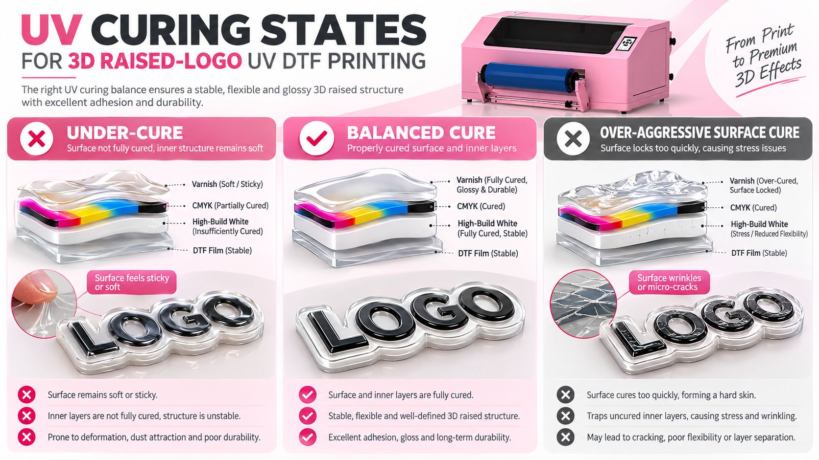 UV curing states for 3D raised UV DTF logo printing