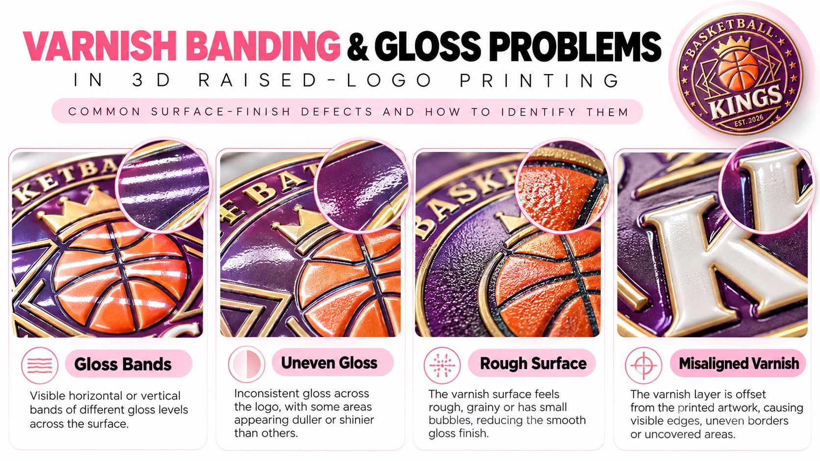 Varnish banding and gloss problems in 3D raised logo printing