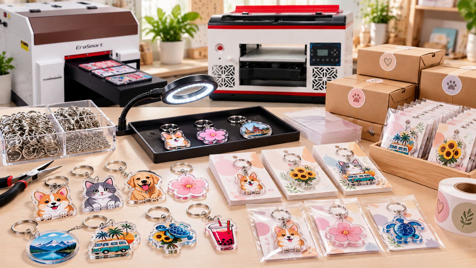 Finished acrylic keychains being inspected, fitted with metal rings, and packed into retail sleeves and gift boxes