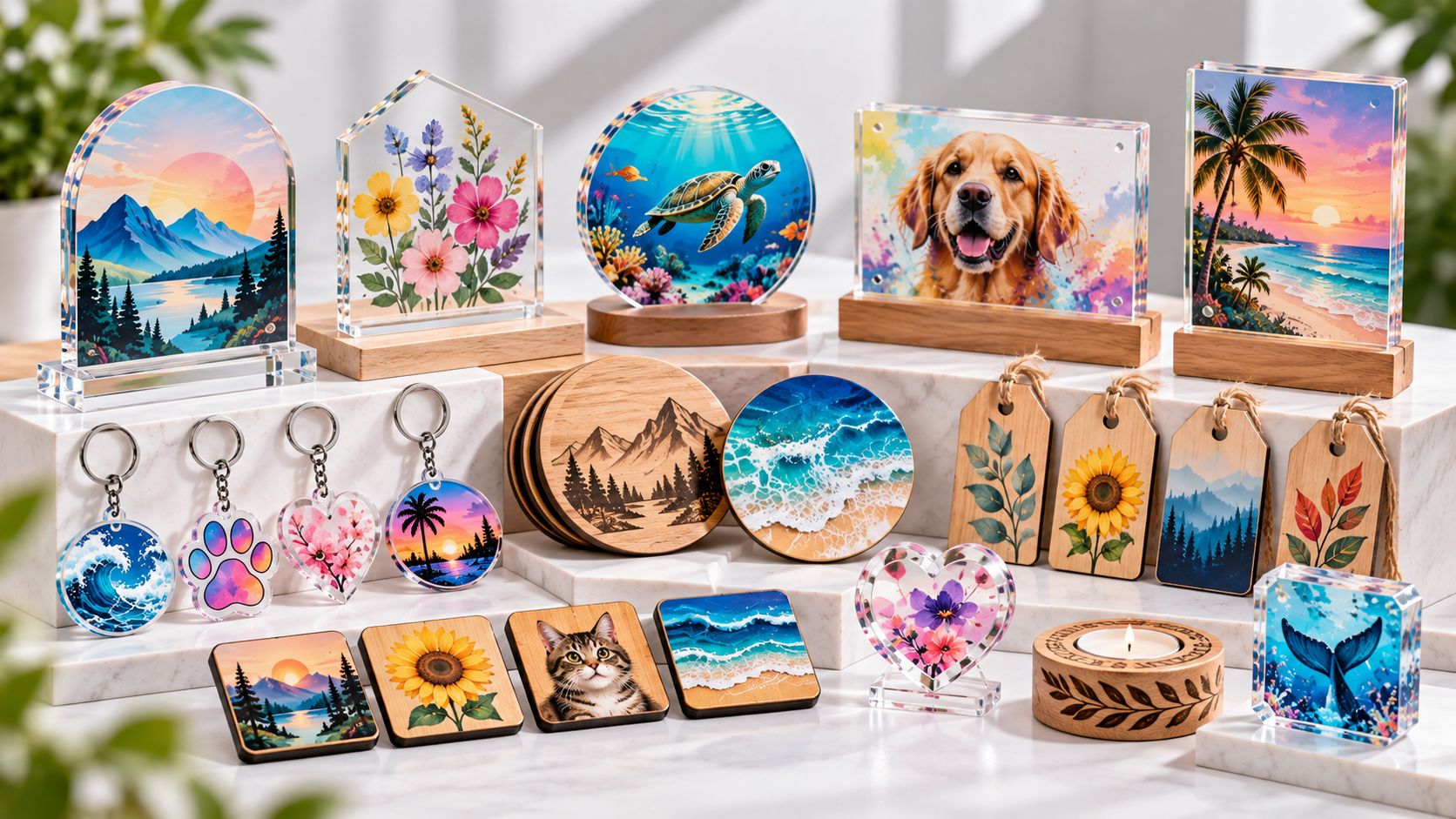 Acrylic and wood promotional gifts including custom plaques, keychains, tags, magnets, and coasters