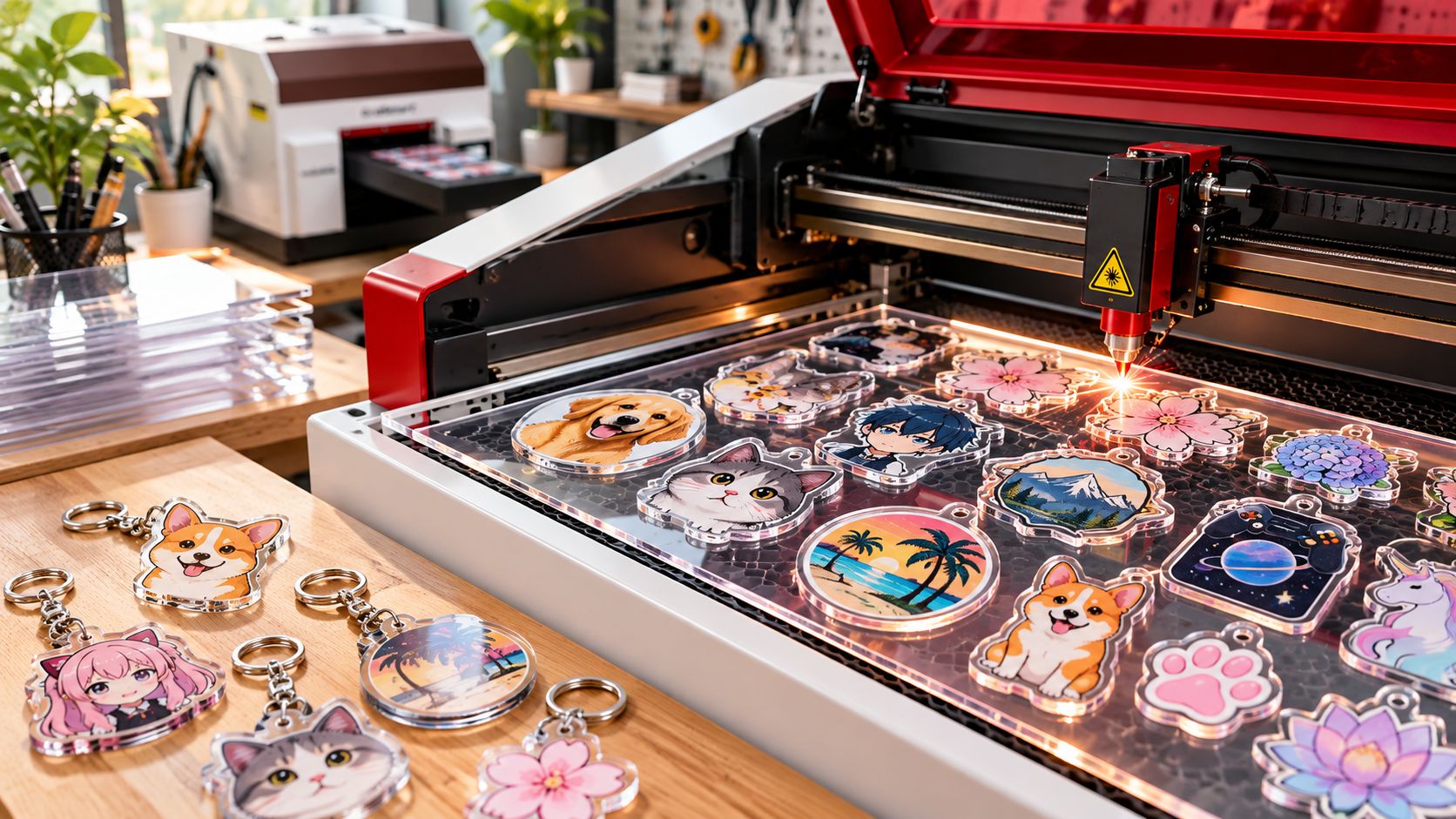 A laser cutter producing custom-outline acrylic keychain shapes from a printed acrylic sheet