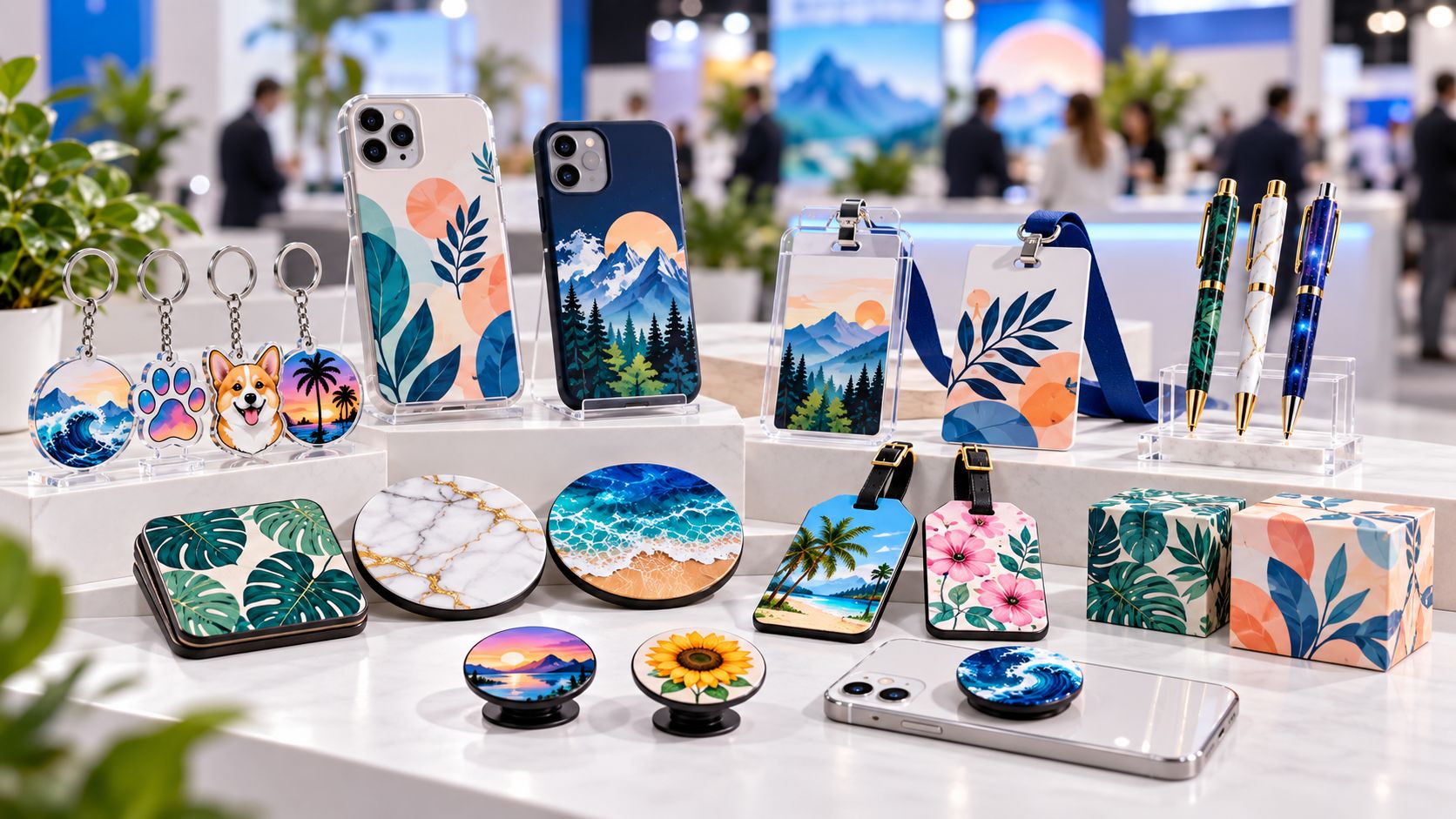 Custom UV printed trade show giveaways displayed at an exhibition booth